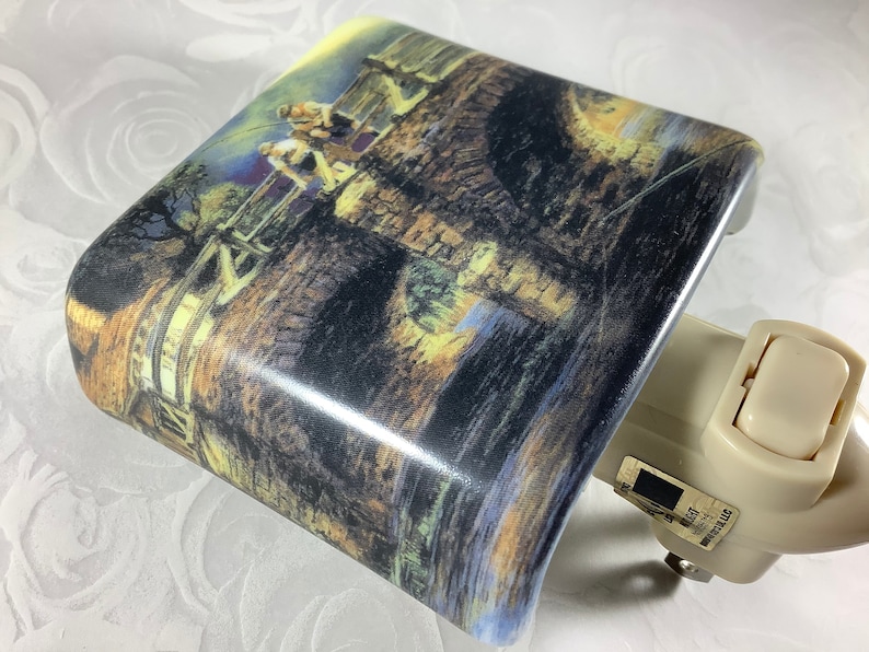 Bridge Fishing Fused Glass Plug in Fisherman Night Light Outlet Sconce image 1