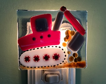 1 Backhoe Red Fused Glass Plug In Construction Vehicle Night Light