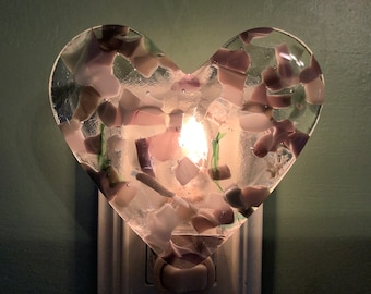 1 Gray Enchanted Garden Heart Fused Glass Plug In Night Light