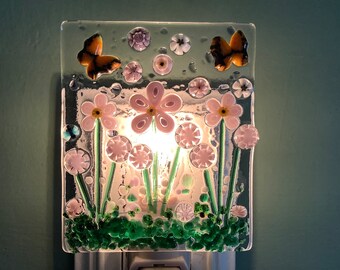 Murrini Purple Flower Power Fused Glass Plug In Flowers Night Light