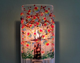 Rainbow Tree Fused Glass Plug In Night Light with Draped Sides Outlet Sconce