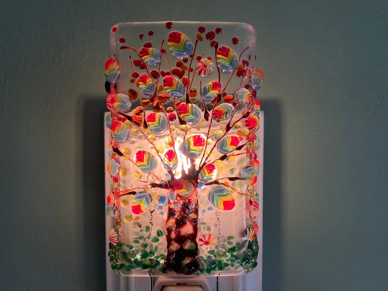 Rainbow Tree Fused Glass Plug In Night Light with Draped Sides Outlet Sconce image 1