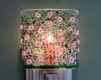 1 Spring Tree with Pink Murrini Fused Glass Plug In Night Light with Draped Sides Outlet Sconce