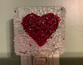 Fused Glass Clear Plug In Frit Night Light with a Red Heart