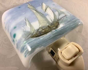 1 Sailboat Fused Glass Plug In Sailing Night Light with Draped Sides Outlet Sconce