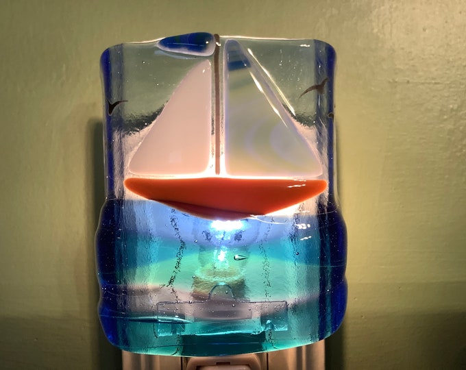 1 Sailboat Fused Glass Plug in Nautical Night Light With Draped Sides
