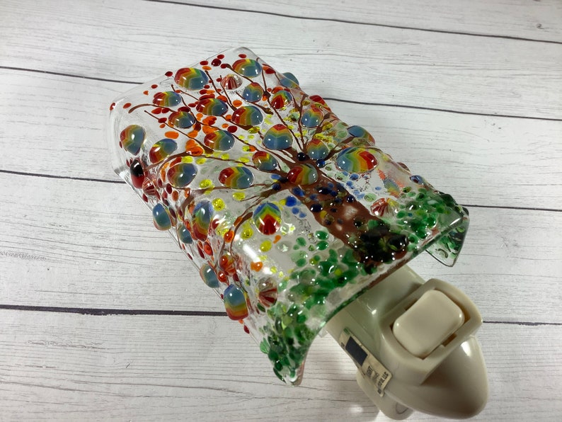 Rainbow Tree Fused Glass Plug In Night Light with Draped Sides Outlet Sconce image 10