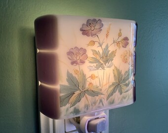 Purple Mountain Flowers Floral Fused Glass Plug In Wildflowers Night Light with Draped Sides Outlet Sconce