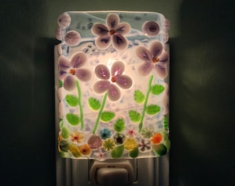 1 Murrini Pretty In Purple Fused Glass Plug In Flowers Night Light with Draped Sides Outlet Sconce