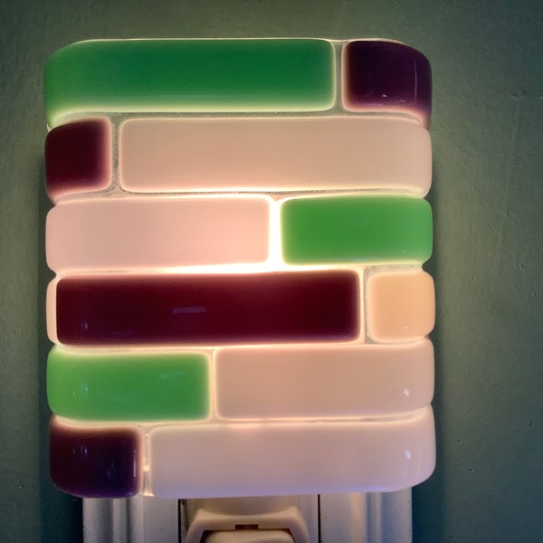 1 Green and Purple Tile Look Fused Glass Plug In Night Light Outlet Sconce