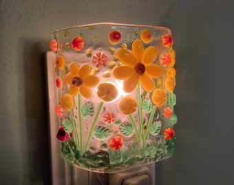 1 Murrini Flashy Yellow and Orange Meadow Glass Plug In Flowers Night Light with Draped Curved Sides Outlet Sconce