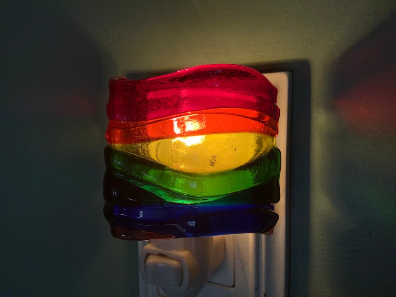Rainbow Wave Fused Glass Plug In Night Light with Draped Curved Sides Outlet Sconce image 8