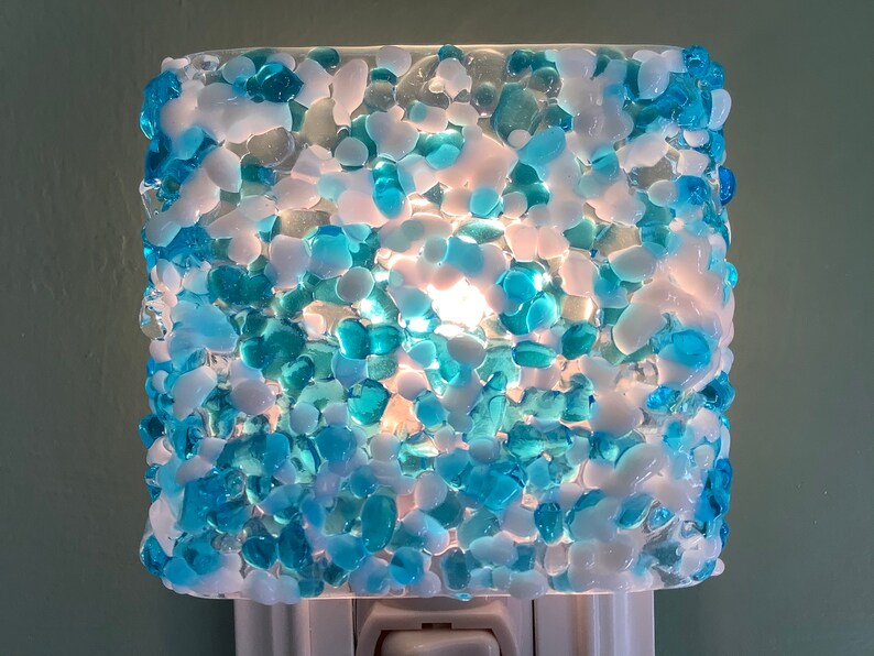 Winter Wonderland Pebble Fused Glass Plug In Ice Night Light with Slumped Rounded Edges