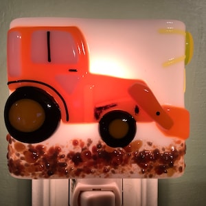 1 Orange Tractor Fused Glass Plug In Wall Farm Night Light Sconce image 1