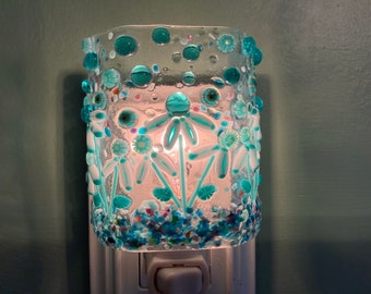 1 Murrini Flashy Turquoise Meadow Glass Plug In Flowers Night Light with Draped Curved Sides Outlet Sconce