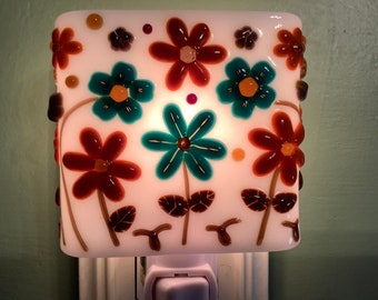 Murrini Terrific Teal and Brown Frolic Fused Glass Plug In Flowers Night Light with Draped Outlet Sconce