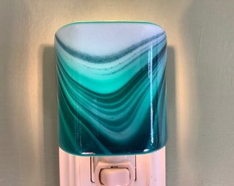 Sea Spray Blue and White Fused Glass Plug In Night Light with Draped Curved Sides Outlet Sconce