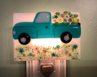 Fused Glass Turquoise Blue Farm Truck Fused Glass Plug In Night Light