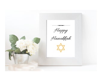 Printable Happy Hanukkah Black and Gold Sign, Simple Holiday Home Wall Decor, Instant Digital Download Print