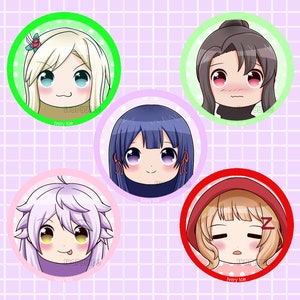 May include: Five circular anime-style character portraits. Each portrait features a different character with unique hair color and style, set against a colored circle. The characters have large eyes and are smiling. The background is a light purple grid.