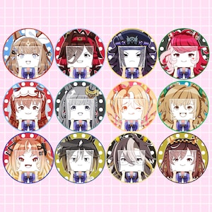 Könnte beinhalten: Eine Sammlung von zwölf runden Ansteckbuttons mit Anime-Charakteren. Jeder Button zeigt einen anderen Charakter mit unterschiedlichen Haaren und Kleidung, vor einem gepunkteten Hintergrund. Die Charaktere halten ein leeres Schild.