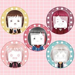 May include: A collection of five circular cartoon character illustrations, each set against a different colored background with white polka dots. Each character holds a blank white rectangle in front of their face, with different facial expressions drawn on the rectangle.