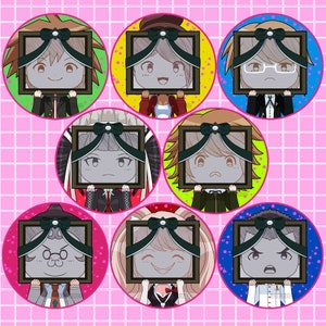 May include: A collection of seven circular character illustrations, each holding a dark square frame with a bow. The characters are set against colorful backgrounds of green, yellow, pink, and blue, with a pink grid background.