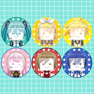 May include: Set of six colorful round buttons featuring anime-style characters with various hair colors and outfits. Each button has a unique background color, including green, yellow, pink, red, and blue, with white polka dots.
