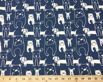Blue Puppy Dog Fabric by the SAMPLE, YARD or BOLT all Cotton Home Decor Pedigree Premier Prints Italian Denim on white SHIPsFAST