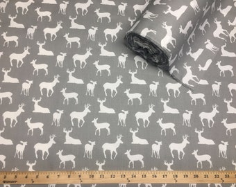 Grey Deer Fabric by the Yard all Cotton Premier Prints silhouette Gray on White Home Decor curtains drapes runners pillows SHIPsFAST