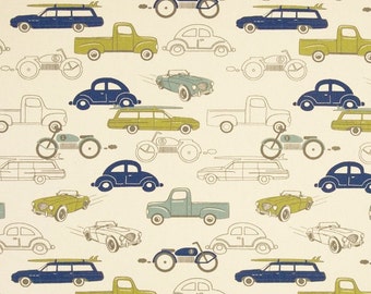 Retro Car Fabric by the YARD rides vintage antique classic Premier Prints felix blue green natural Home Decor upholstery curtain SHIPsFAST