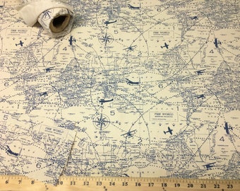 Planes Fabric by the YARD all cotton Air Traffic flight map aviation Felix Blue on Natural Premier Prints Home Decor SHIPsFAST