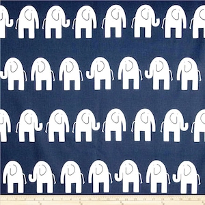 May include: White elephant silhouettes on a dark blue background. The elephants are arranged in a repeating pattern.