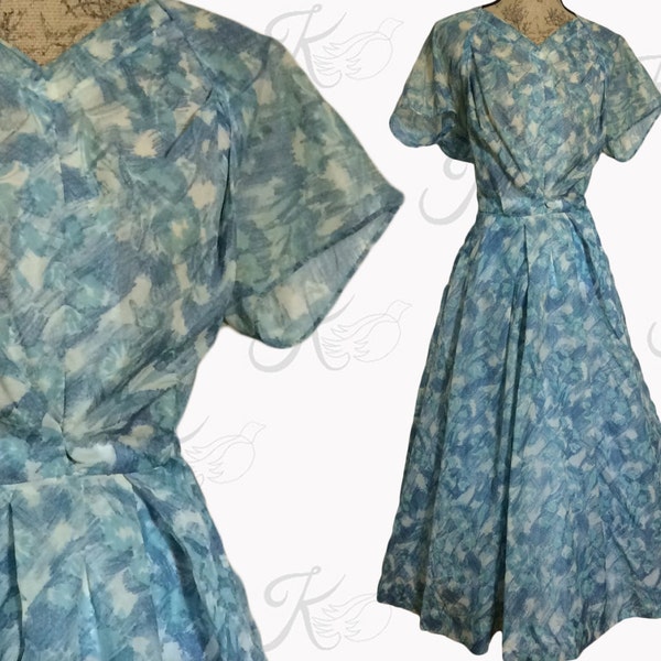 Vintage 50s Dress, Vintage 1950s Dress, Blue 50s Dress, 50s Print Dress, Full Skirt Dress, 50s Small Dress, 1950s Day Dress, Summer Dress