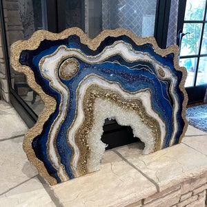 Sapphire Freeform Geode Wall Art Decor by Lisa Gates/ Real Crystal Quart Points / Resin Geode Modern Geode Wall Art/ Blue Gold