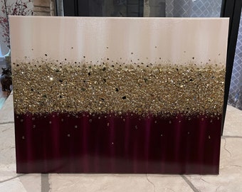 Textured Glitter Painting: Burgundy, Ivory, and Gold Glass Art (18 x 24)