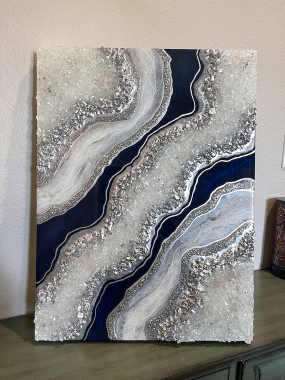 Sapphire Geode Resin Wall Art: Crystal Quartz Points, Navy Silver