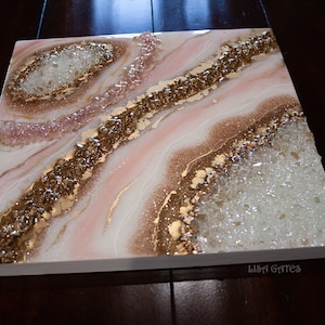 Resin Geode Wall Art Artwork by Lisa Gates / Agate Crystal Art / Resin artwork/ Wall Decor / Pink, Satin & Gold  12X12 or both for a  12X24