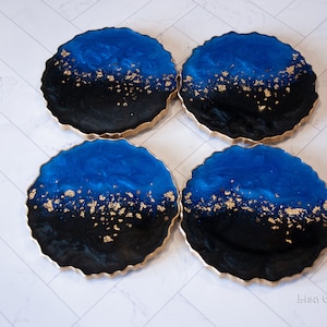 Blue & Black Glitter Coasters with Gold Accents.   Handmade epoxy resin coasters. 2 or 4 piece coaster set  Royal blue.  Coaster set