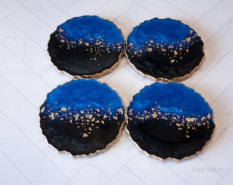Blue & Black Glitter Coasters with Gold Accents.   Handmade epoxy resin coasters.  4 piece coaster set
