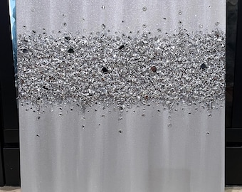 Textured Glitter Painting: Gray Silver Broken Mirror Glass Wall Art
