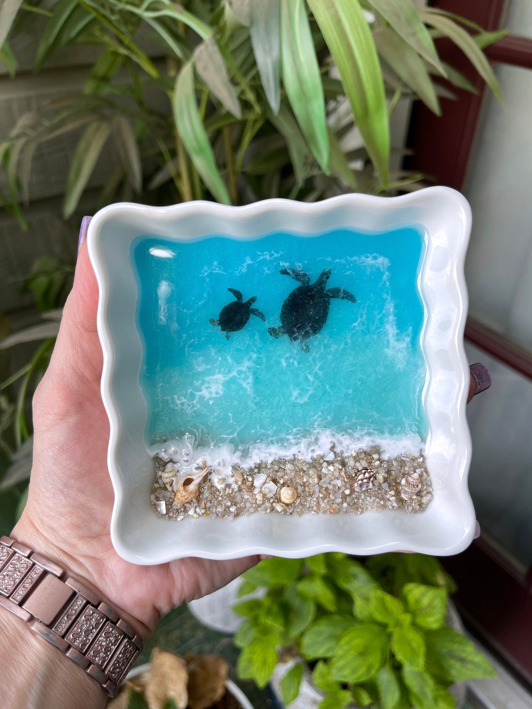 Ocean Trinket Tray With Sea Turtles/ Ocean Art Ring Holder/painting by