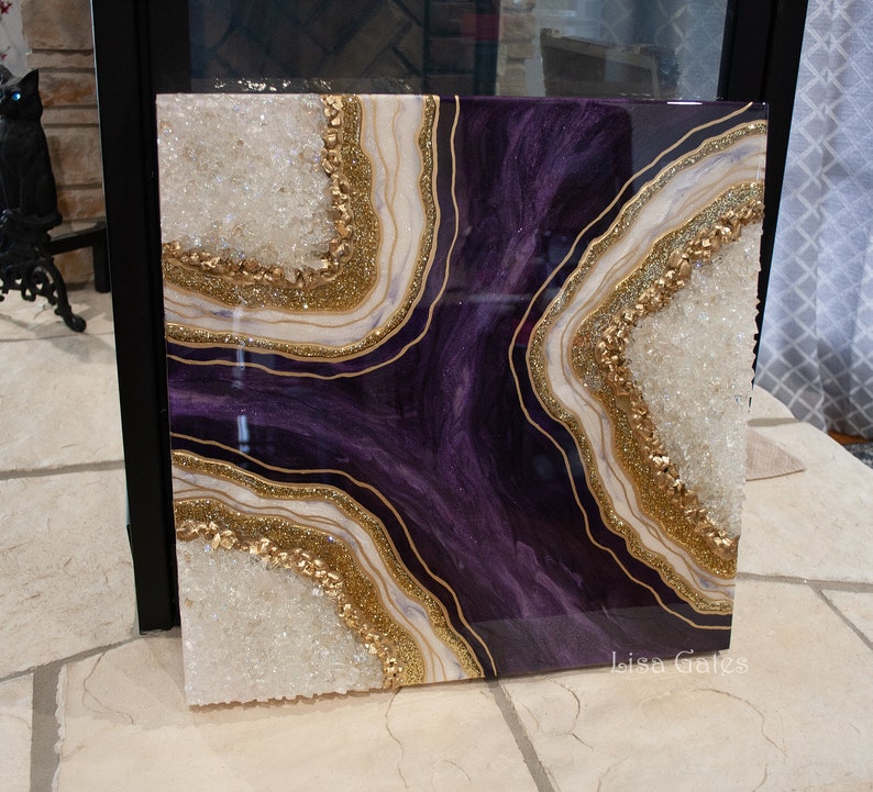 Purple Amethyst Resin Geode Wall Art by Lisa Gates with Crystal Quartz Points / Geode Art / Crystal Art /Agate Geode Modern Wall/ Home Decor image 2