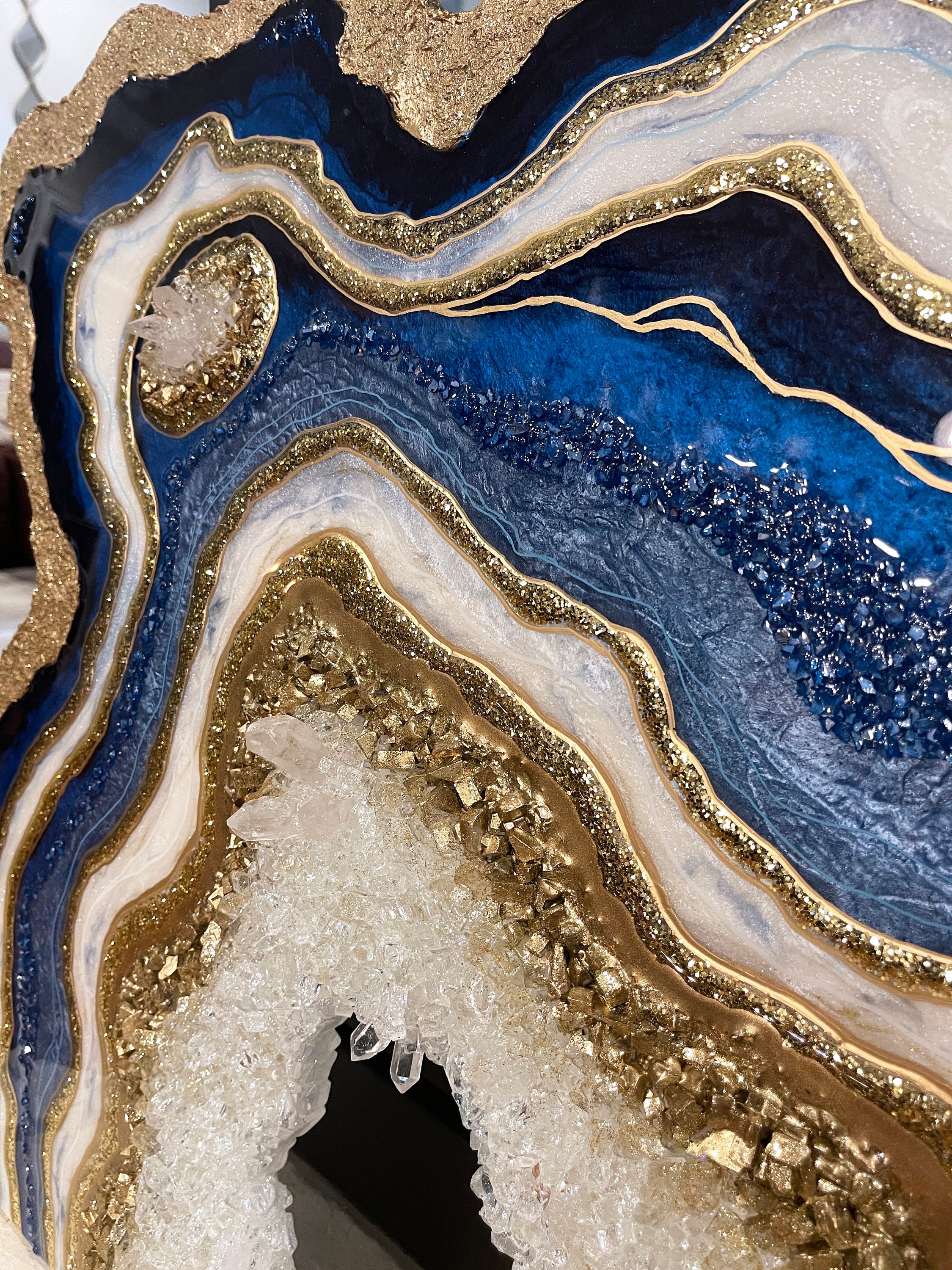 Sapphire Geode Resin Wall Art: Crystal Quartz Points, Blue Gold