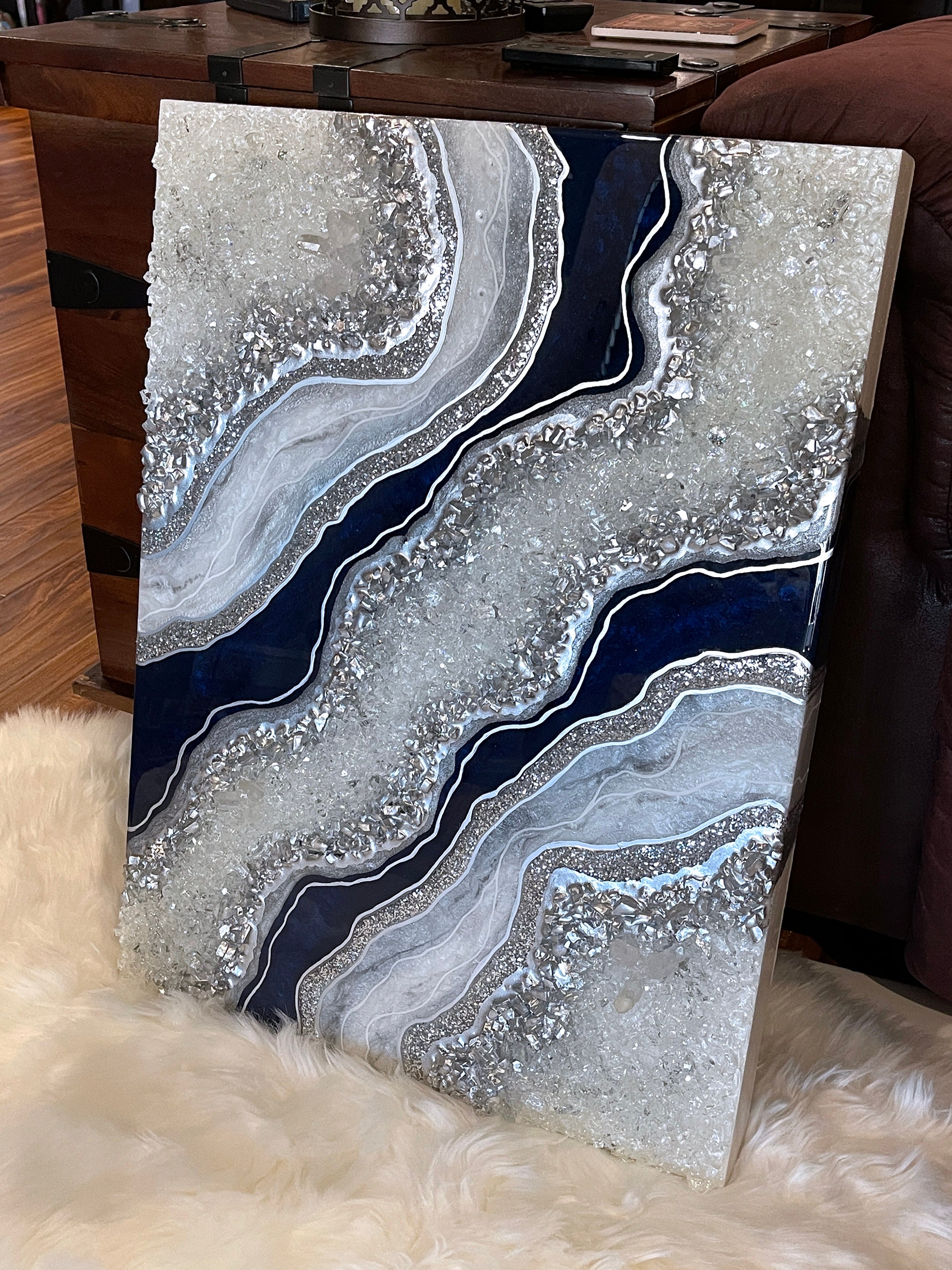 Sapphire Geode Resin Wall Art: Crystal Quartz Points, Navy Silver