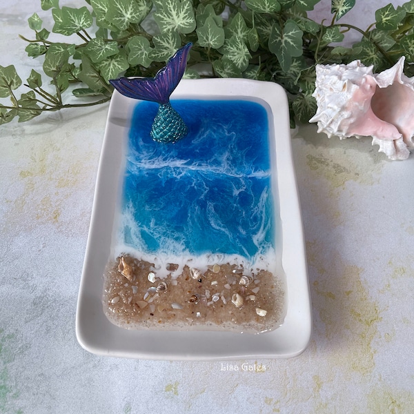 Resin Ocean Art Mermaid Tail Trinket Tray With Color Changing Fin .Serving Tray/Dish. Resin Beach art painting by Lisa Gates.  Beach Decor