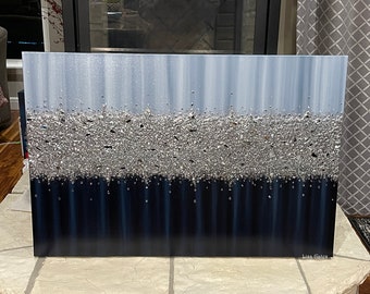 Textured Glitter Abstract Painting: Blue Gray, Navy, Silver Canvas Art