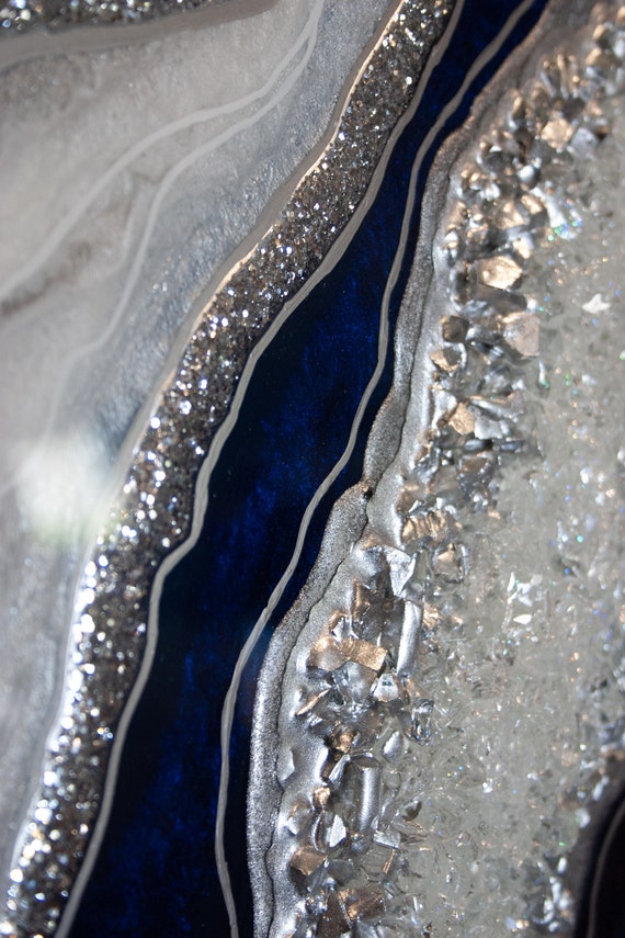 Sapphire Geode Resin Wall Art: Crystal Quartz Points, Navy Silver