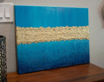 Blue Gold Glitter Abstract Painting: Textured Modern Wall Art