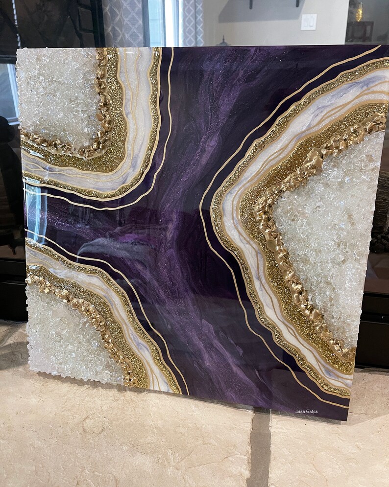 Purple Amethyst Resin Geode Wall Art by Lisa Gates with Crystal Quartz Points / Geode Art / Crystal Art /Agate Geode Modern Wall/ Home Decor image 5